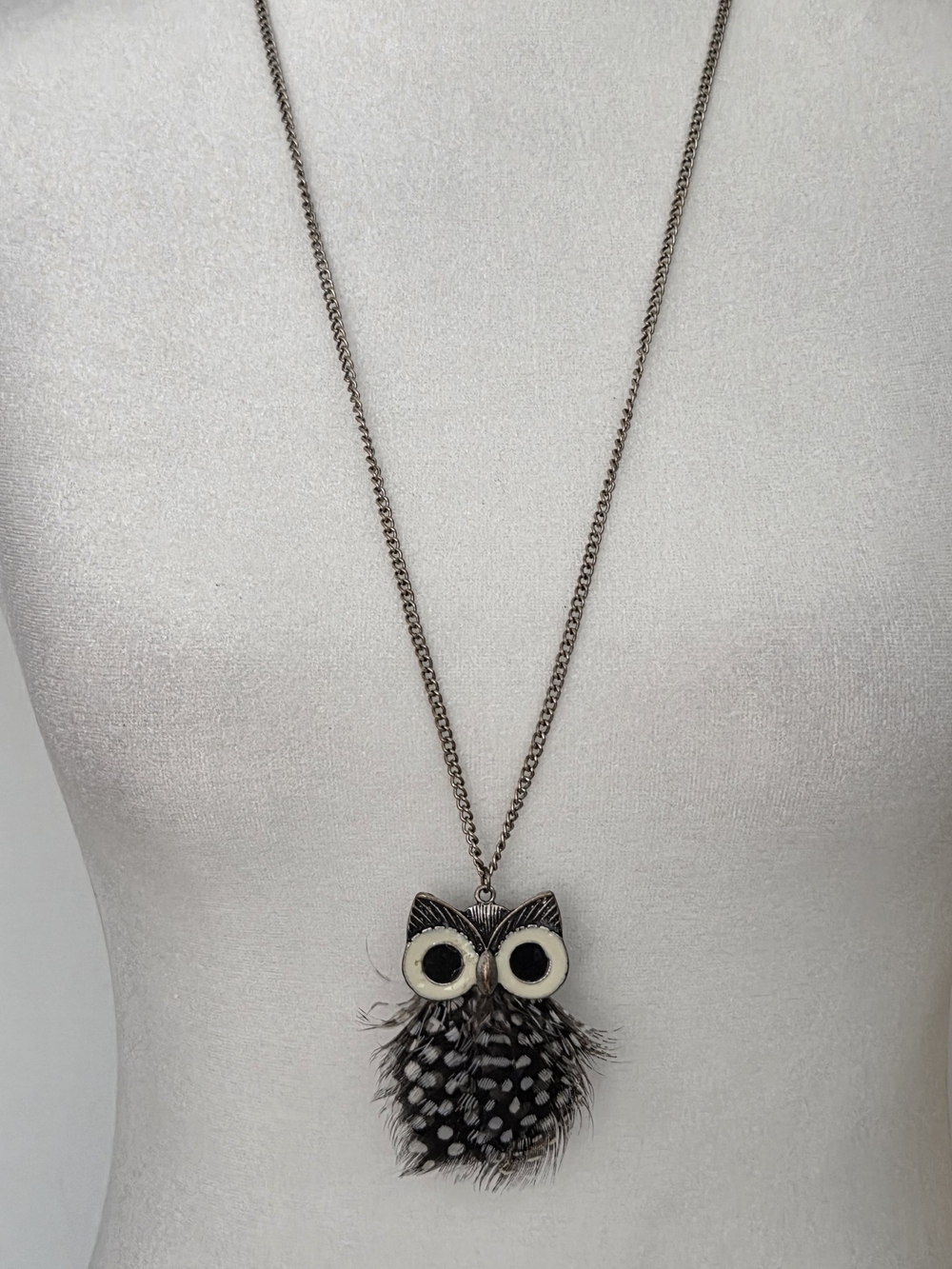 Owl Pendant Feather Necklace in Black & White